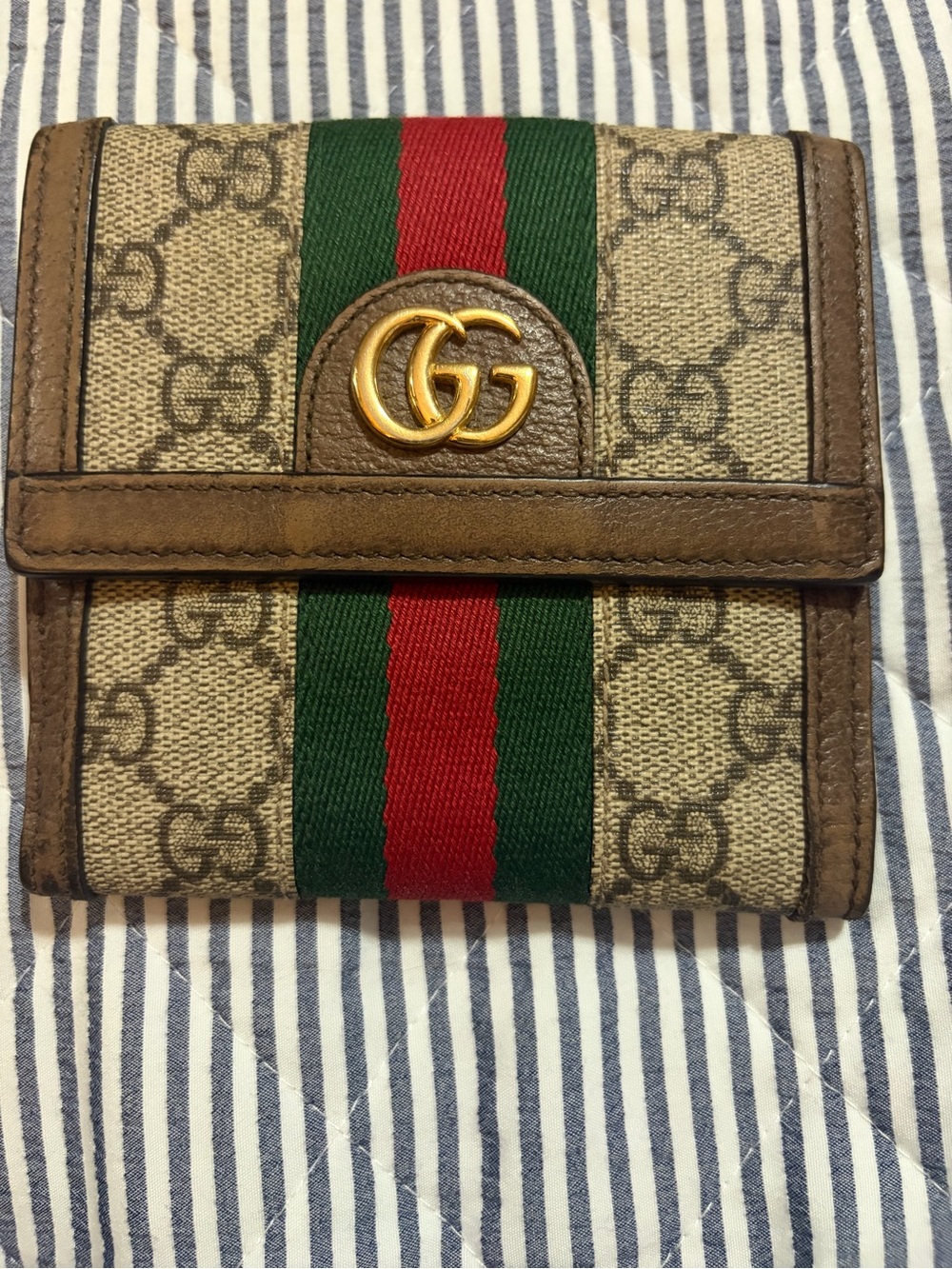 Gucci GG Canvas Wallet with Sherry Line accent and Gold Hardware